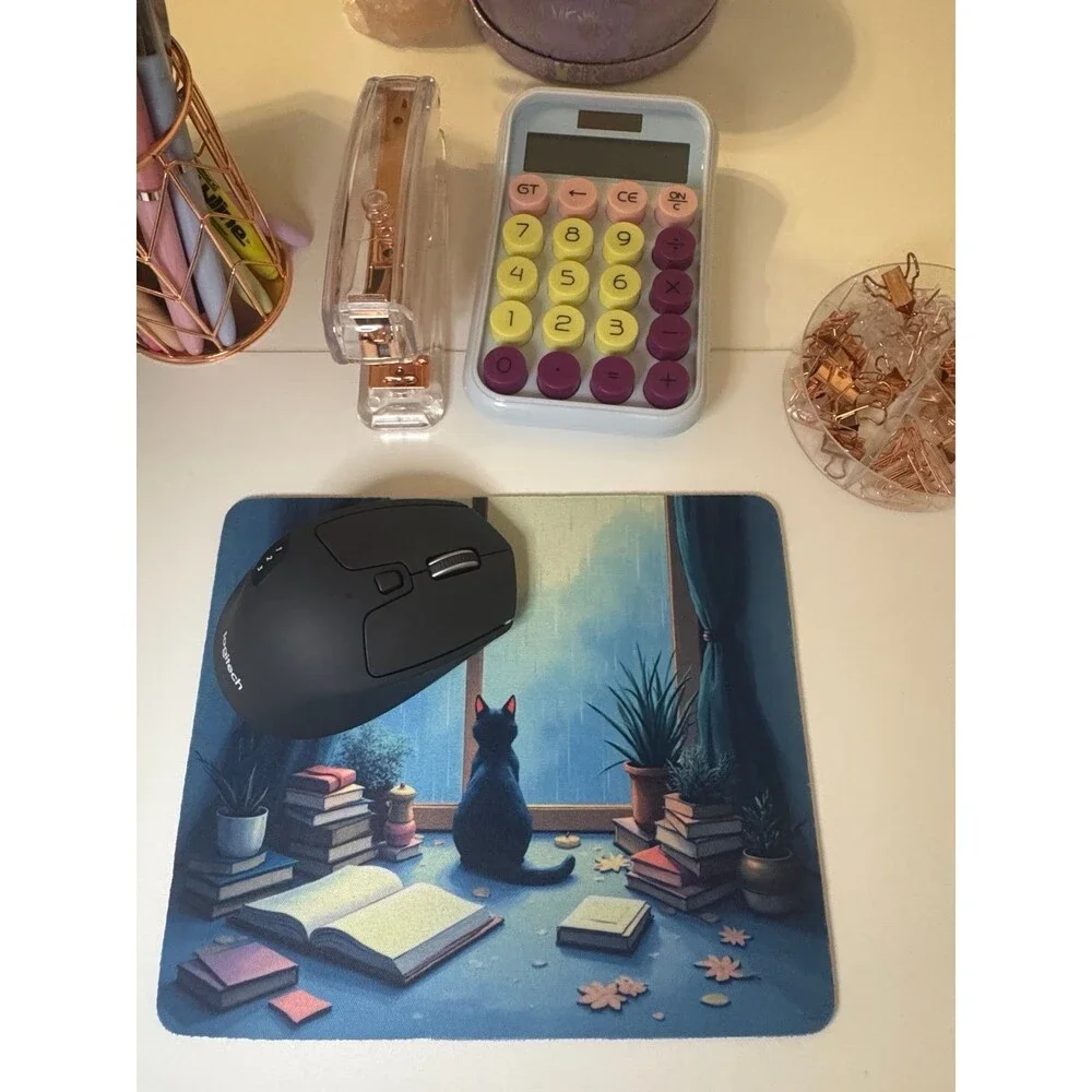Cozy Cat‎ Mouse Pad, Aesthetic with Rainy Window Scene